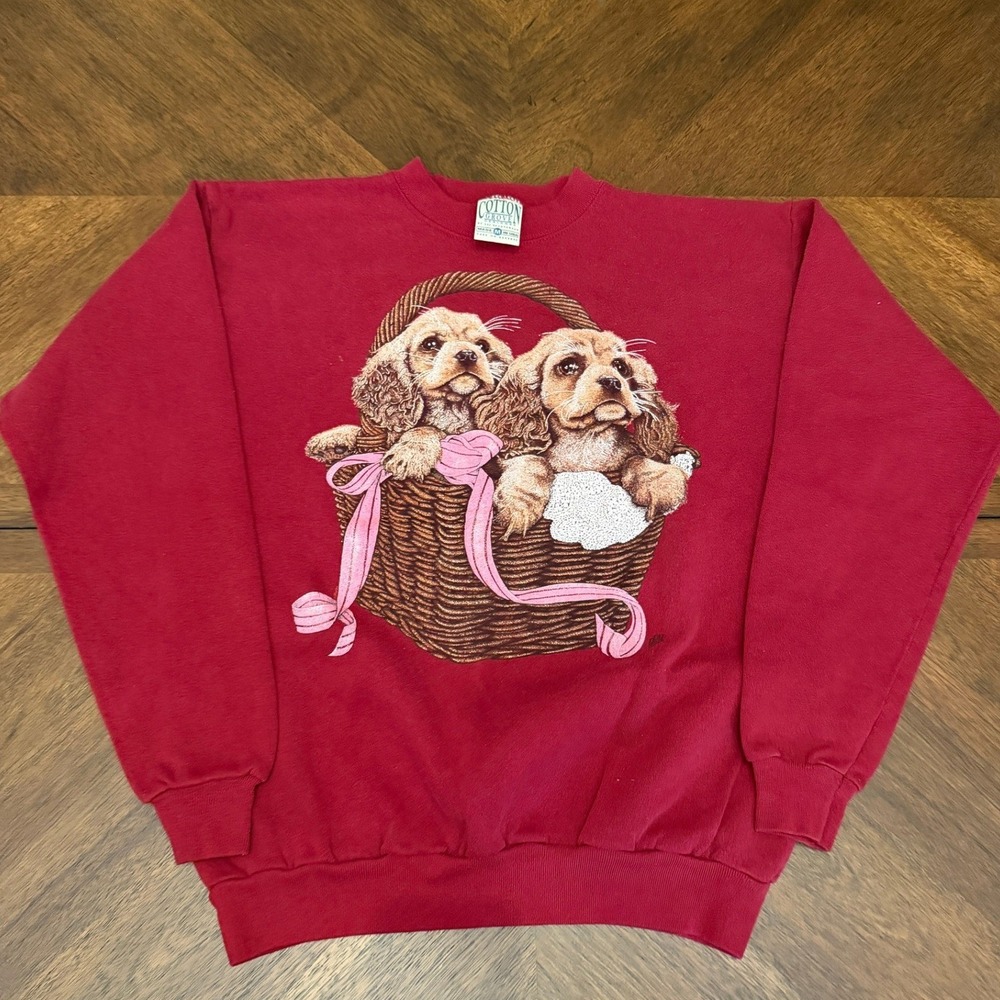 Vintage Cotton Grove Designs Puppy Basket Sweatshirt Red Made in USA Medium